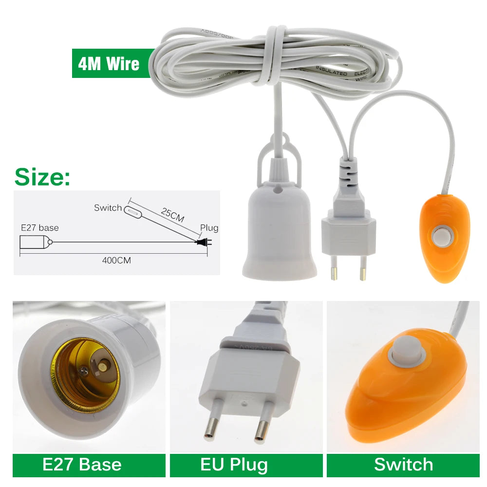 E27 Lamp Base for LED Grow Bulb with 2M 4M 5M Power Cord Button